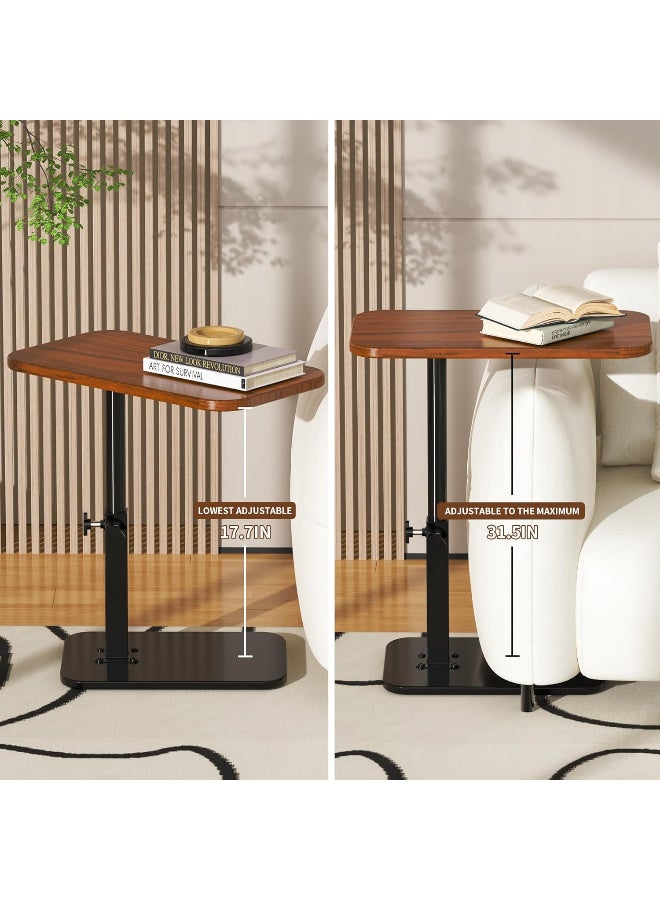 HI-FINE Adjustable Height C-Shaped Table, 360° Swivel TV Tray, Small TV Tray for Couch, Bedside and Living Room, Couch Table with Metal Pillar(Brown) - Image 2