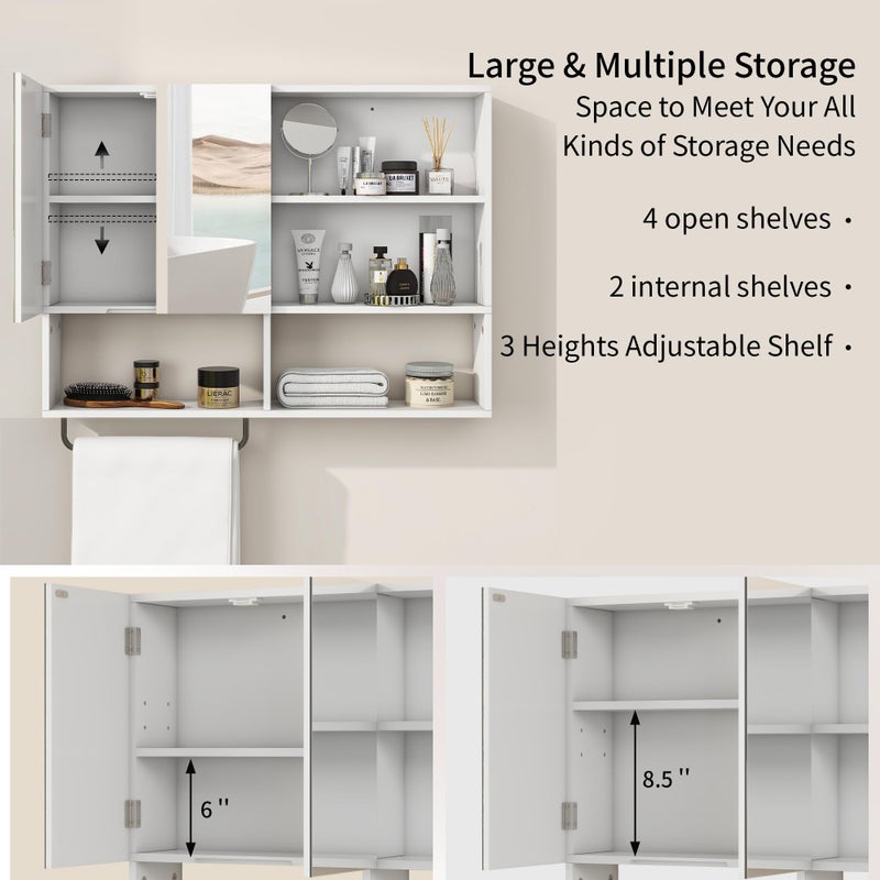 Vavkorkula Medicine Cabinet, Wooden Bathroom Wall Cabinet with 2 Doors, Adjustable Shelves & Towel Bar, Over Toilet Storage Cabinet Wall Mounted for Laundry with Mirror, White - Image 3