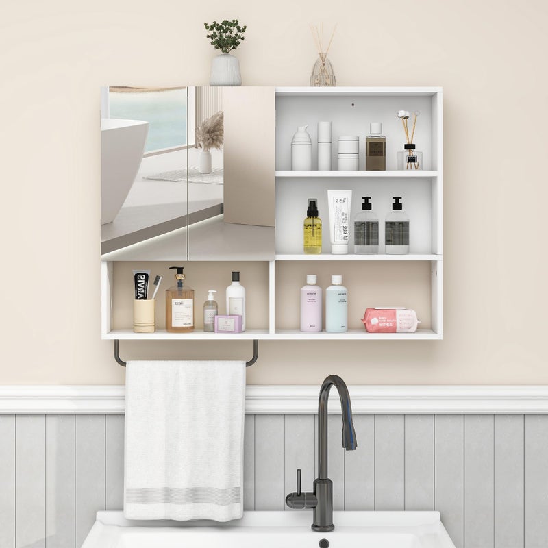 Vavkorkula Medicine Cabinet, Wooden Bathroom Wall Cabinet with 2 Doors, Adjustable Shelves & Towel Bar, Over Toilet Storage Cabinet Wall Mounted for Laundry with Mirror, White - Image 5
