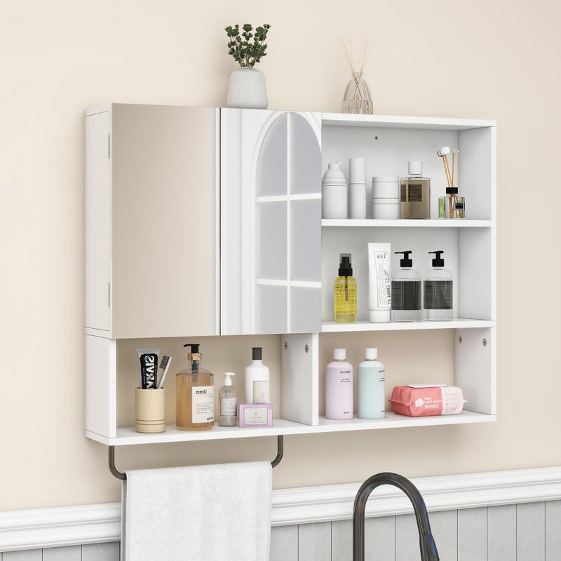 Vavkorkula Medicine Cabinet, Wooden Bathroom Wall Cabinet with 2 Doors, Adjustable Shelves & Towel Bar, Over Toilet Storage Cabinet Wall Mounted for Laundry with Mirror, White - Image 1