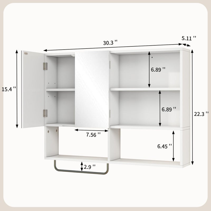Vavkorkula Medicine Cabinet, Wooden Bathroom Wall Cabinet with 2 Doors, Adjustable Shelves & Towel Bar, Over Toilet Storage Cabinet Wall Mounted for Laundry with Mirror, White - Image 2