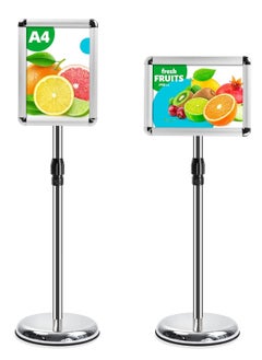 SYOSI A4 Sign Stand Adjustable Poster Aluminum Snap Frame Menu Replaceable Advertising Rack Floor Display Stands with Safety Corner and Stable Round Base (Silver, A4)  - Image 1
