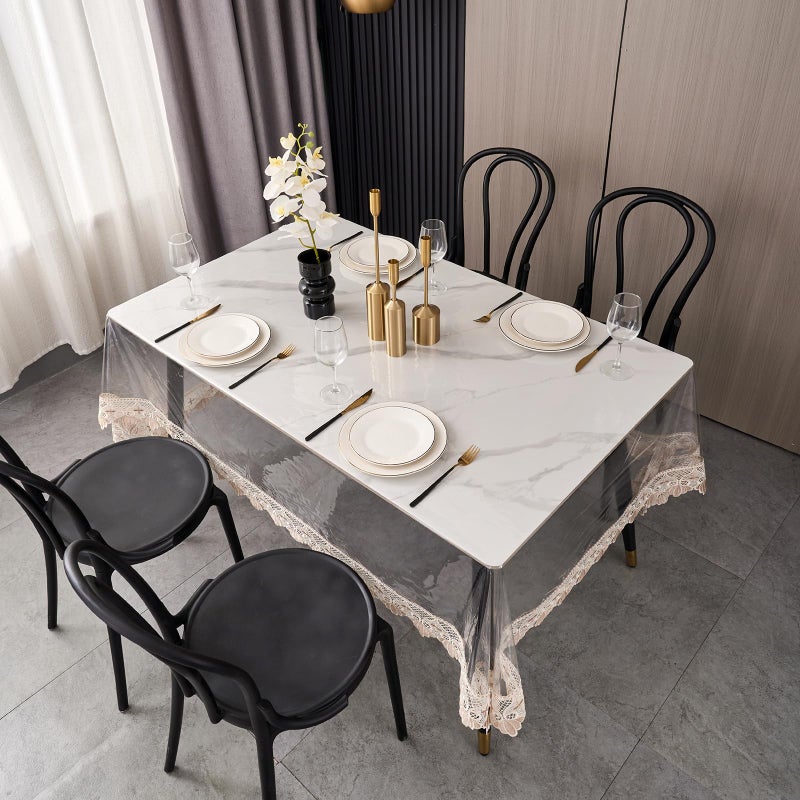LIBERECOO Clear Vinyl Tablecloth with Stitched Loral Lace Trim, 60 x 84 Waterproof Oilproof Plastic Table Cover with Embroidered Edge Tablecloths Protector - Image 5