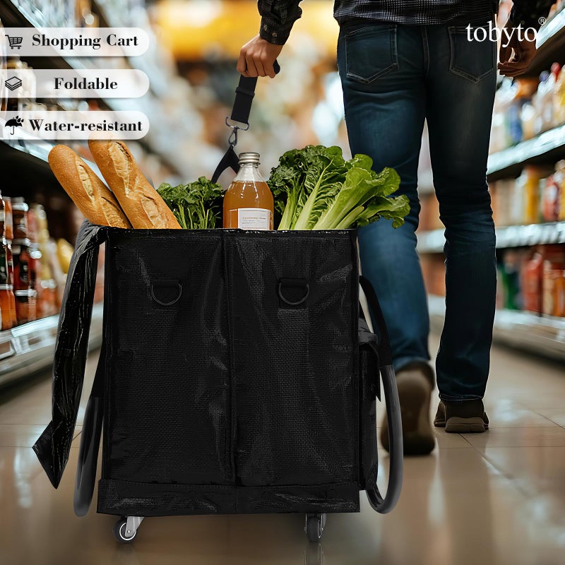 tobyto Reusable Grocery Bag on Wheels, 105L Foldable Rolling Tote, Shopping Trolley 66LBS Capacity - Water-Resistant for Laundry, Picnic, Storage & Travel, Black - Image 3