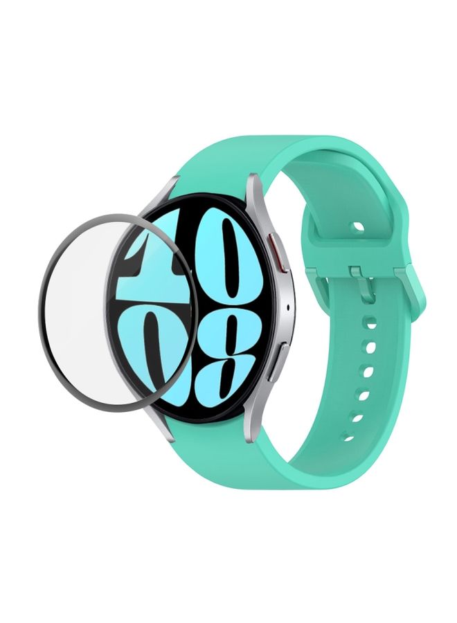 Replacement Strap For Samsung Galaxy Watch6 44mm JUNSUNMAY Silicone Adjustable Strap + Full Coverage PMMA Screen Protector Kit Cyan