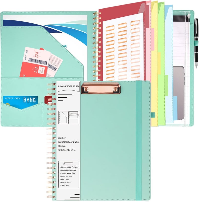 Hautoco Blue Spiral Clipboard with Storage Zipper Pouch, Portfolio Organizer with Clipboard Folio, 5 Divider Folders and 8.5"x 11" Refillable Notepad, Hardcover Padfolio for Work School Office Nurse - Image 1
