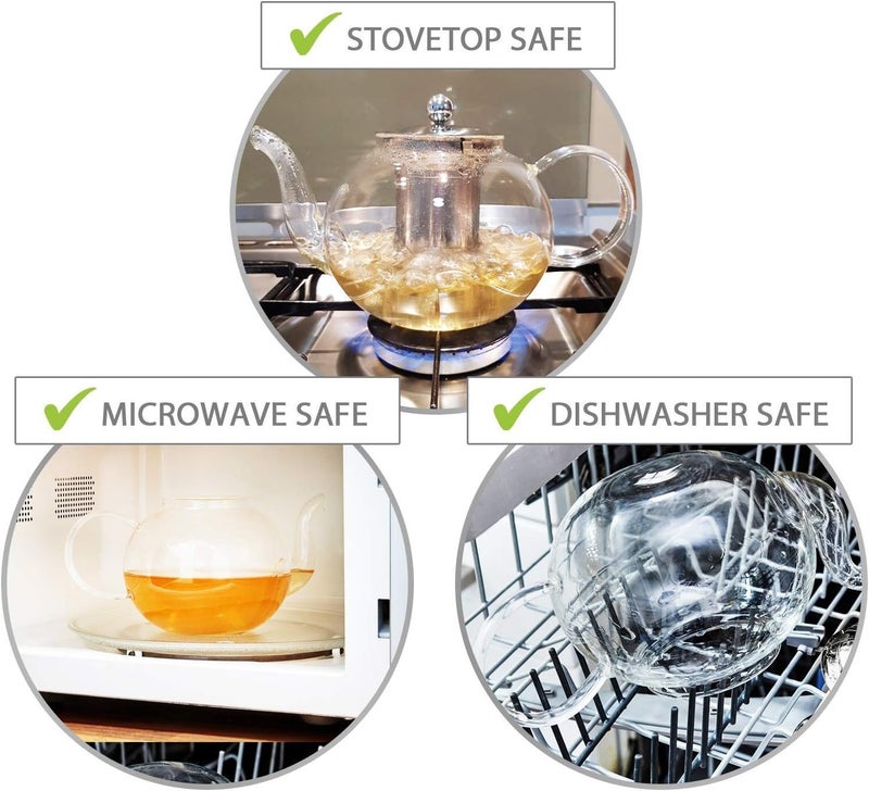 Kitchen Kite طقم إبريق شاي زجاجي مع 4 أكواب شاي مزدوجة الجدار وفلتر ستانلس ستيل قابل للإزالة - آمن للاستخدام في الميكروويف وغسالة الصحون، زهور شاي فضفاضة، هدية صانع الشاي - Image 3