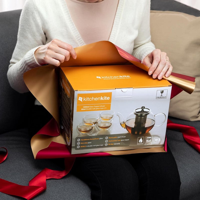 Kitchen Kite طقم إبريق شاي زجاجي مع 4 أكواب شاي مزدوجة الجدار وفلتر ستانلس ستيل قابل للإزالة - آمن للاستخدام في الميكروويف وغسالة الصحون، زهور شاي فضفاضة، هدية صانع الشاي - Image 2