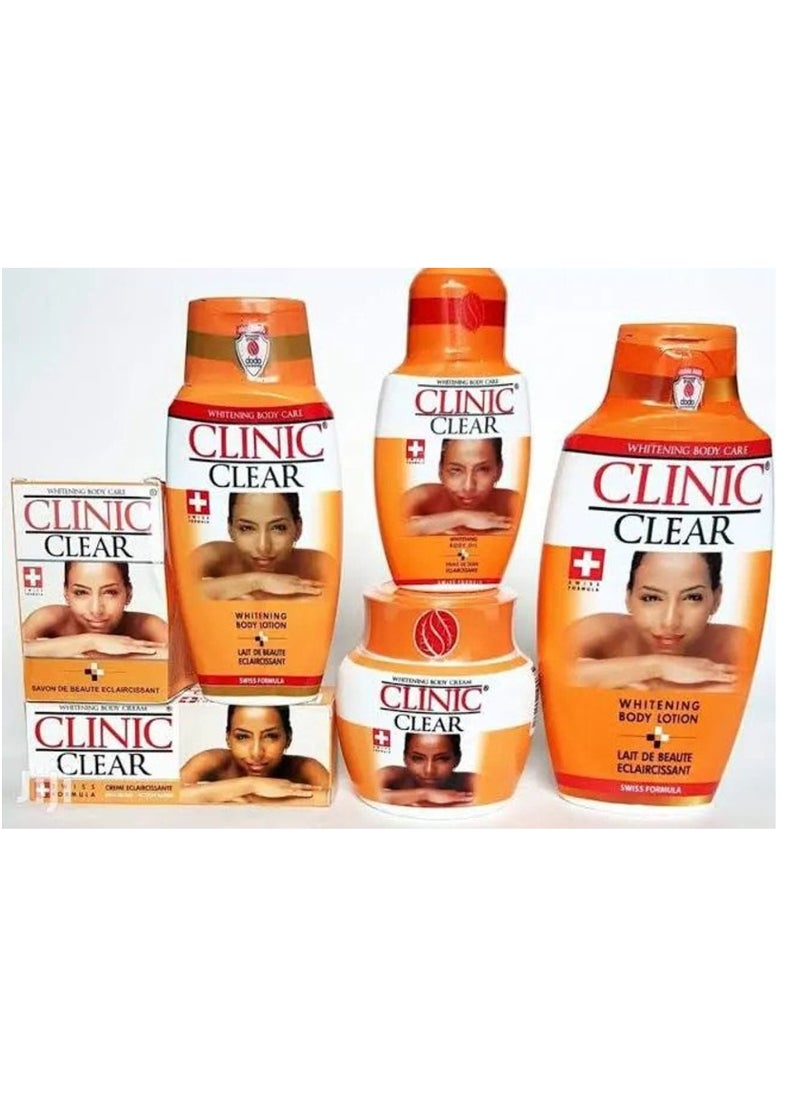 Clinic Clear Whitening Body Lotion, Cream, Tube, Soap, and Oil Complete Set 