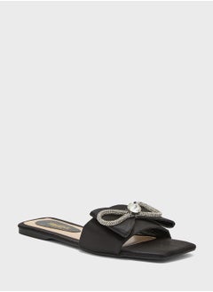 Truffle Embellished Bow Satin Flat Sandal  - Image 2