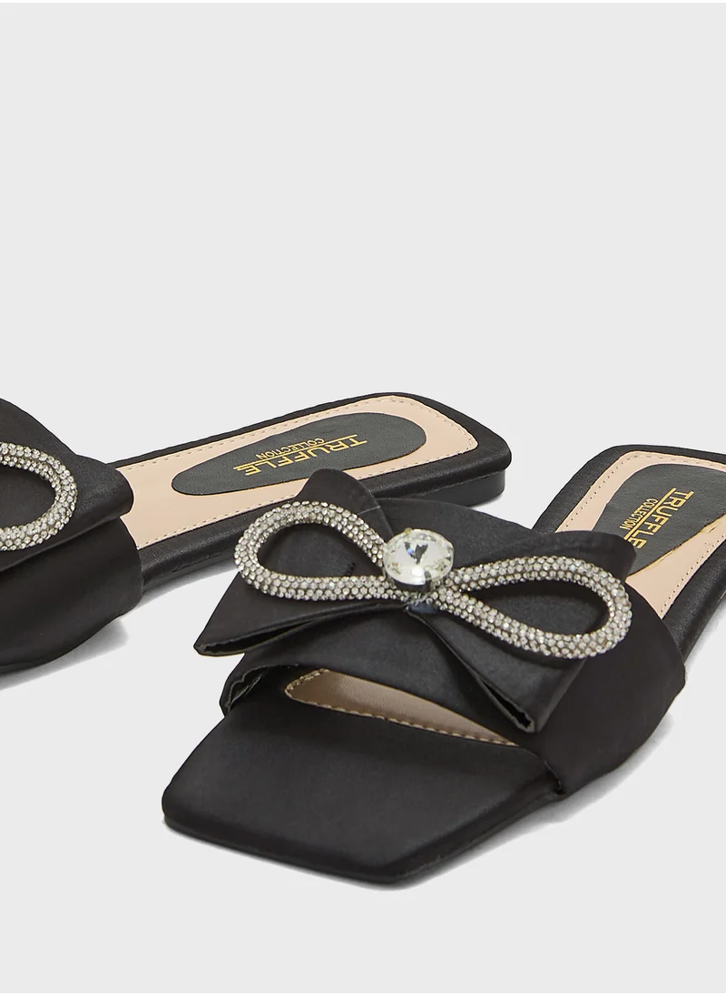 Truffle Embellished Bow Satin Flat Sandal