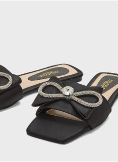 Truffle Embellished Bow Satin Flat Sandal  - Image 4