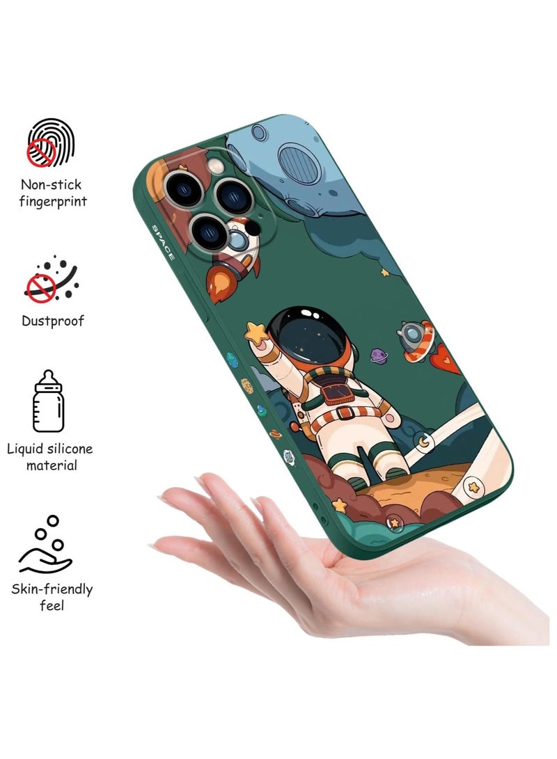 غطاء هاتف iPhone 13 Pro Max  بتصميم زهرة فراشة فضائية لطيفة، مع بطانة من الألياف الدقيقة الناعمة وهيكل سائل سيليكون رفيع. الغطاء متوفر باللون الأخضر الداكن. - Image 4