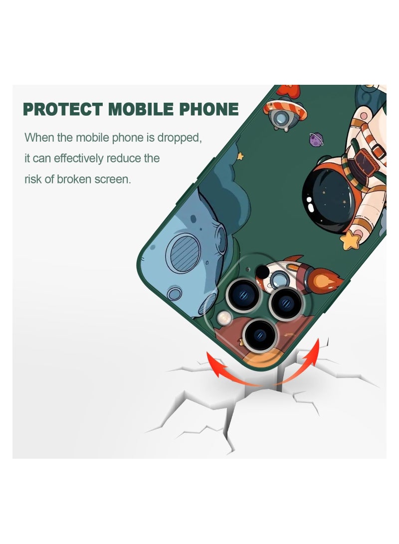 غطاء هاتف iPhone 13 Pro Max  بتصميم زهرة فراشة فضائية لطيفة، مع بطانة من الألياف الدقيقة الناعمة وهيكل سائل سيليكون رفيع. الغطاء متوفر باللون الأخضر الداكن. - Image 5