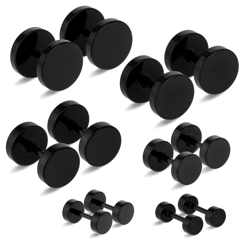 6 Pairs Black Stud for Men Women Fake Gauges Dot Earrings 410mm Round Ear Studs