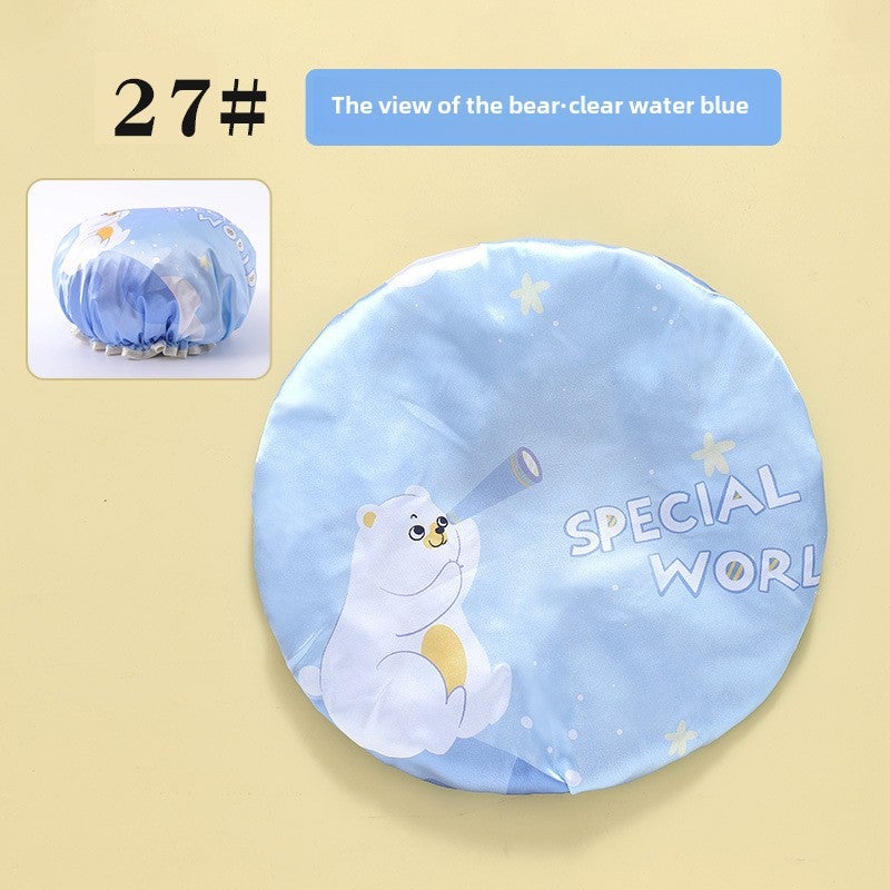 Kids Double Layer Shower Cap Thick Waterproof Cartoon 27# Bear's View of Clear Water Blue 