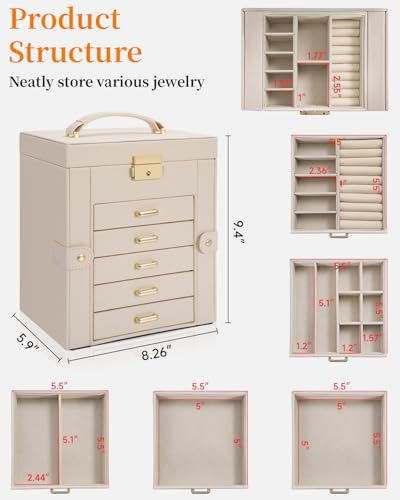 TORIBIO Large Jewelry Box for Women, Leather Jewelry Organizer with Mirror & Lock, 6-Tier Jewelry Storage Case for Girls/Women/Mothers, Necklace Earring Bracelets Holder Organizer - Image 2