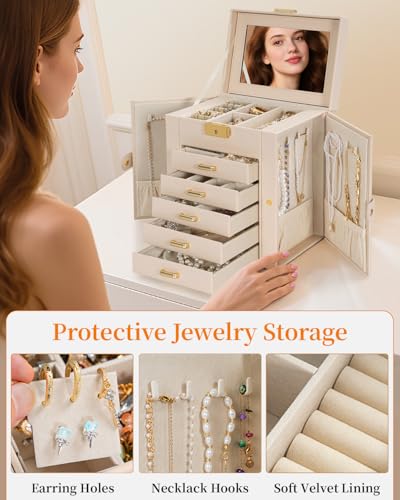 TORIBIO Large Jewelry Box for Women, Leather Jewelry Organizer with Mirror & Lock, 6-Tier Jewelry Storage Case for Girls/Women/Mothers, Necklace Earring Bracelets Holder Organizer - Image 5