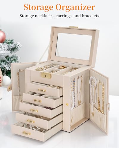 TORIBIO Large Jewelry Box for Women, Leather Jewelry Organizer with Mirror & Lock, 6-Tier Jewelry Storage Case for Girls/Women/Mothers, Necklace Earring Bracelets Holder Organizer - Image 3