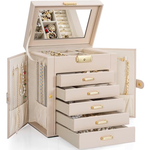TORIBIO Large Jewelry Box for Women, Leather Jewelry Organizer with Mirror & Lock, 6-Tier Jewelry Storage Case for Girls/Women/Mothers, Necklace Earring Bracelets Holder Organizer - Image 1