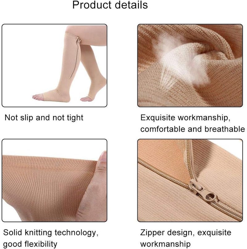 ويوبلز جوارب ضاغطة، جوارب ضاغطة بسحاب، جوارب ضاغطة رياضية ونسائية، جوارب ضاغطة رياضية لدعم الساق والركبة، جوارب لتخفيف الدوالي (لون بيج - مقاس صغير/متوسط) - Image 3