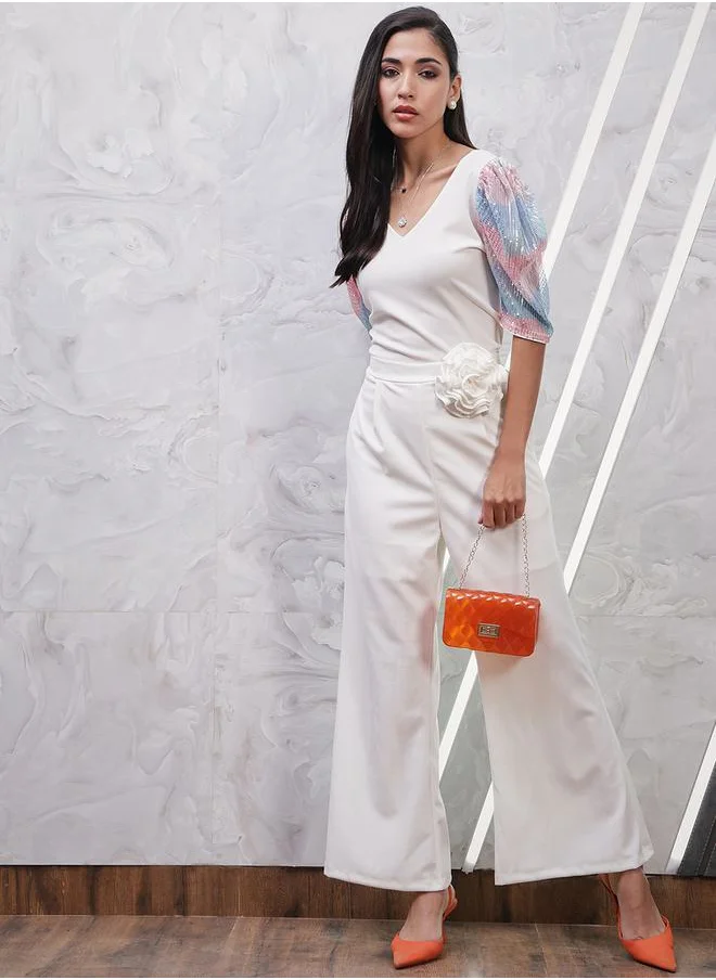 أثينا Embellished Puff Sleeve V Neck Top by Styli