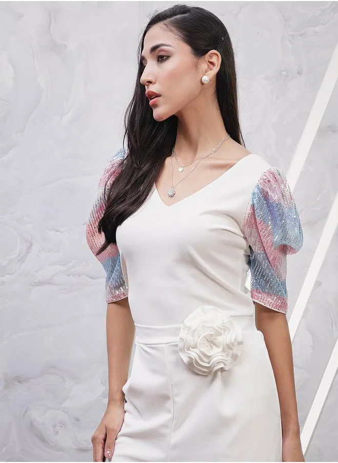 أثينا Embellished Puff Sleeve V Neck Top by Styli