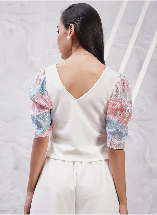 أثينا Embellished Puff Sleeve V Neck Top by Styli