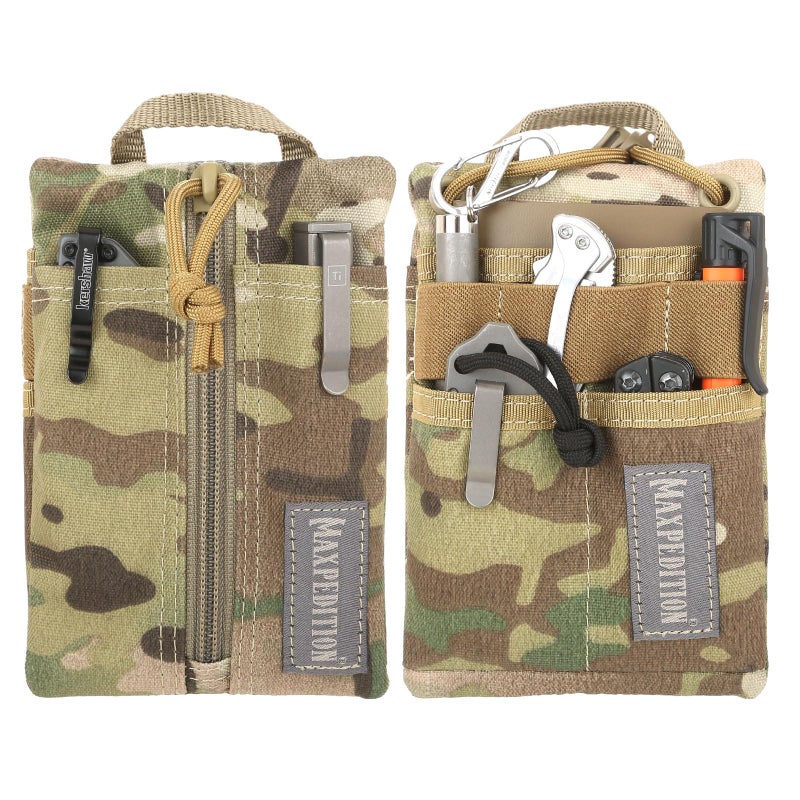 منظم جيب MAXPEDITION Platy Pocket Organizer المتين لحقيبة أدوات EDC للرجال مع حبل بارا كورد لحمل المحفظة مع مصباح يدوي وأداة متعددة وقلم ومفكرة Multicam 4 x 6