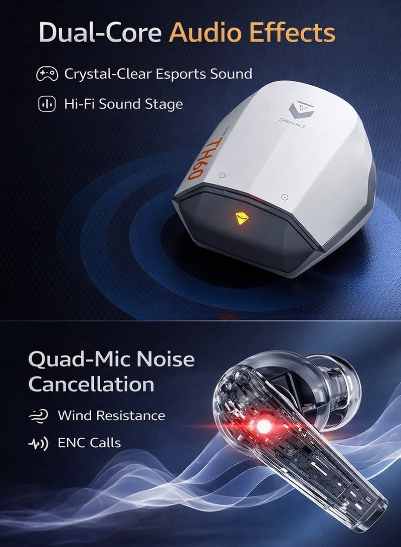 ماكينيك سماعات ميكانيك تي اتش 60 للألعاب لاسلكية بلوتوث 5.4 – جيمينغ إيربودز بدون تأخير بزمن استجابة منخفض جدًا، جيمينغ إيربودز تي دبليو إس، وضعين صوت (ألعاب وموسيقى)، مايكروفون مع عزل ضوضاء ENC، صوت ستيريو غامر، مقاومة ماء، بطارية طويلة مع علبة شحن، شحن سريع تايب سي، إيرفونز بلوتوث – متوافقة مع ريد ماجيك، آيفون، آيباد، أندرويد، سامسونج واللابتوب - Image 4