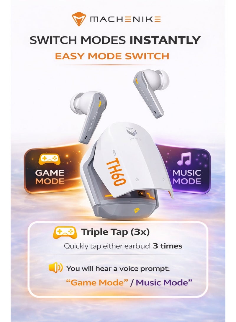 ماكينيك سماعات ميكانيك تي اتش 60 للألعاب لاسلكية بلوتوث 5.4 – جيمينغ إيربودز بدون تأخير بزمن استجابة منخفض جدًا، جيمينغ إيربودز تي دبليو إس، وضعين صوت (ألعاب وموسيقى)، مايكروفون مع عزل ضوضاء ENC، صوت ستيريو غامر، مقاومة ماء، بطارية طويلة مع علبة شحن، شحن سريع تايب سي، إيرفونز بلوتوث – متوافقة مع ريد ماجيك، آيفون، آيباد، أندرويد، سامسونج واللابتوب - Image 3