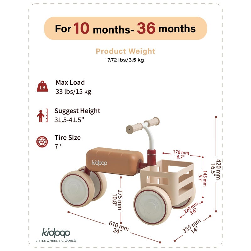 Kidpop Toast Baby Walker Convertible Push Rider with Detachable Seat, Anti-Tip Tri-Frame & Food-Grade Basket for 10-36 Months (Red) - Image 2