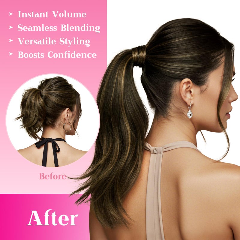 Ve Sunny Hair Extensions Ponytail Real Human Hair 80g Wrap Around Clip in Ponytail Hair Extensions Straight Extensions Human Hair for Women Dark Brown Balayage Chestnut Brown 14 Inch - Image 4