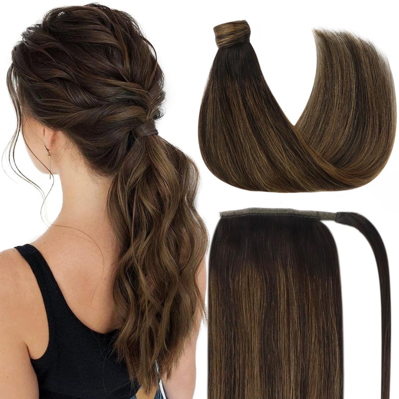Ve Sunny Hair Extensions Ponytail Real Human Hair 80g Wrap Around Clip in Ponytail Hair Extensions Straight Extensions Human Hair for Women Dark Brown Balayage Chestnut Brown 14 Inch - Image 1