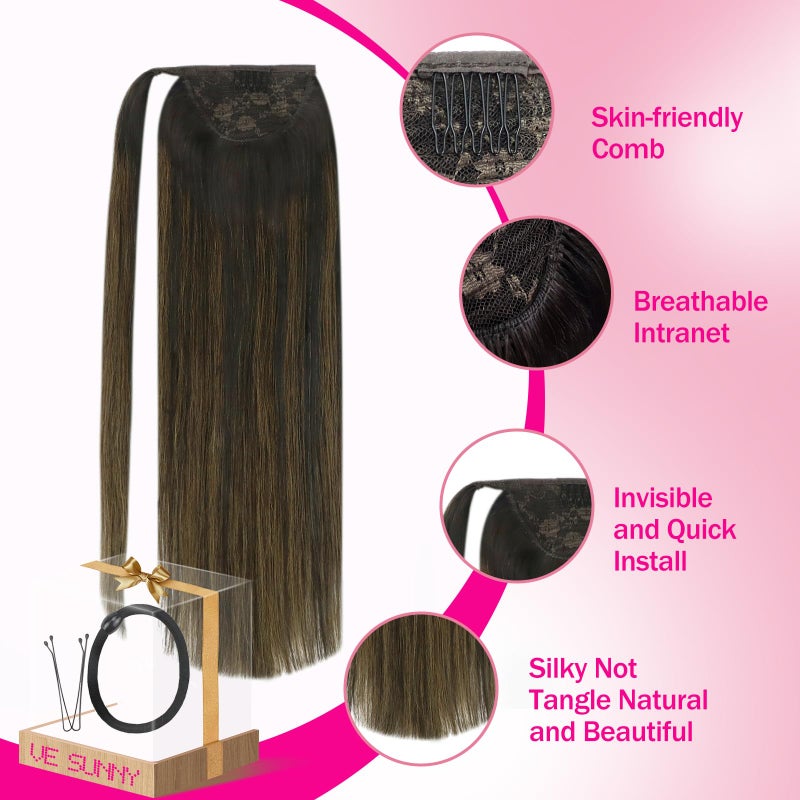 Ve Sunny Hair Extensions Ponytail Real Human Hair 80g Wrap Around Clip in Ponytail Hair Extensions Straight Extensions Human Hair for Women Dark Brown Balayage Chestnut Brown 14 Inch - Image 3