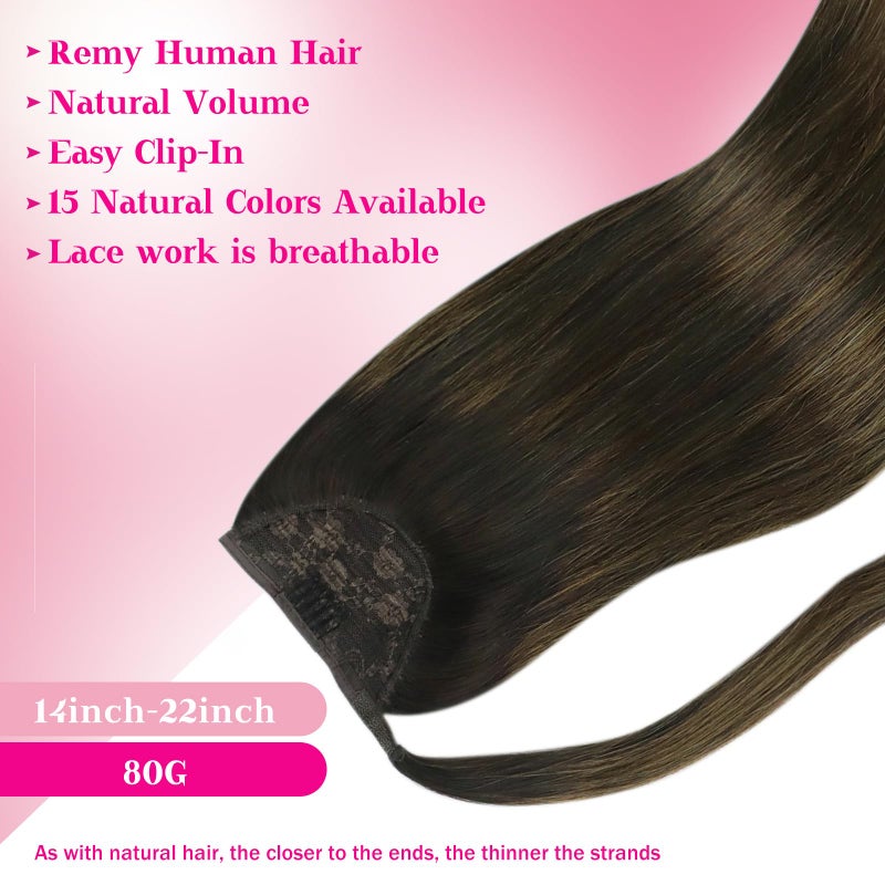 Ve Sunny Hair Extensions Ponytail Real Human Hair 80g Wrap Around Clip in Ponytail Hair Extensions Straight Extensions Human Hair for Women Dark Brown Balayage Chestnut Brown 14 Inch - Image 2