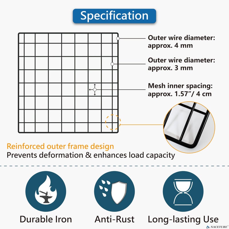 NACETURE 2 Pack Heavy-Duty Grid Wall Panels 12x12 â€“ Double Wire Reinforced Wire Mesh Organizer, 30 lbs Capacity, Wall Display with Hooks & Accessories (Black 2 Pack) - Image 2
