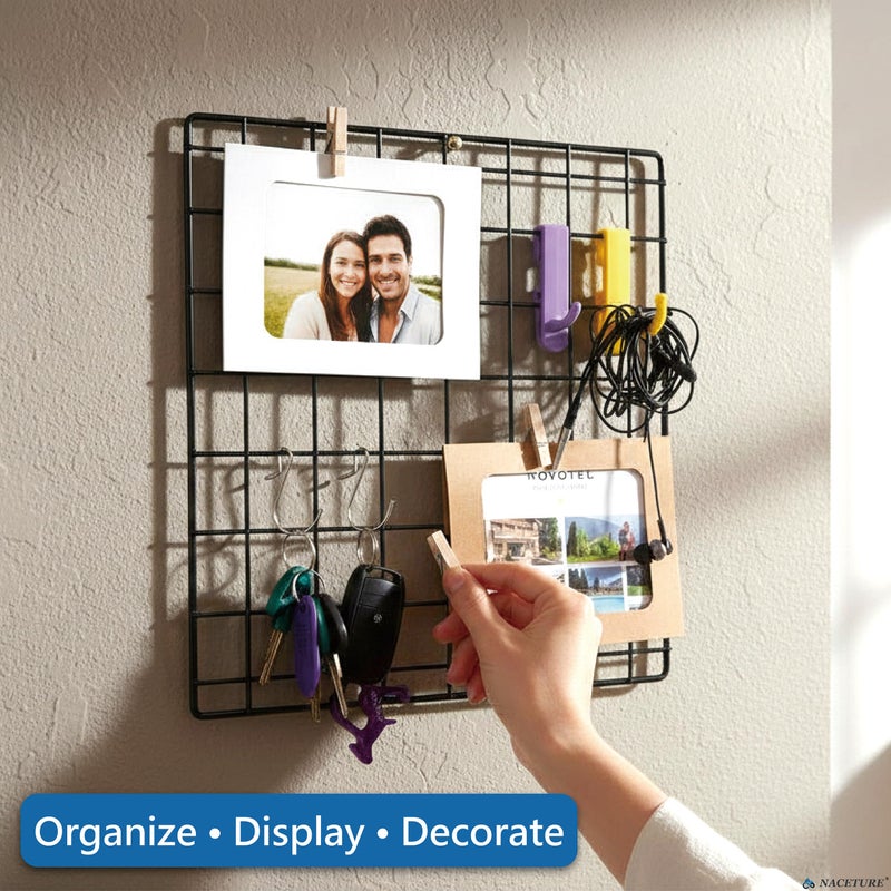 NACETURE 2 Pack Heavy-Duty Grid Wall Panels 12x12 â€“ Double Wire Reinforced Wire Mesh Organizer, 30 lbs Capacity, Wall Display with Hooks & Accessories (Black 2 Pack) - Image 3