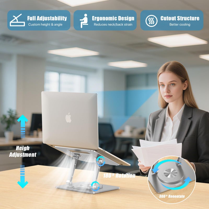 Sopholid Laptop Stand for Desk, Adjustable Height & Angle Portable Aluminum Laptop Riser & Monitor Stand with 360Â° Swivel, Foldable Ergonomic Computer Stand for 10-17 Inch Laptops (MacBook/Dell/HP), Silver. - Image 2