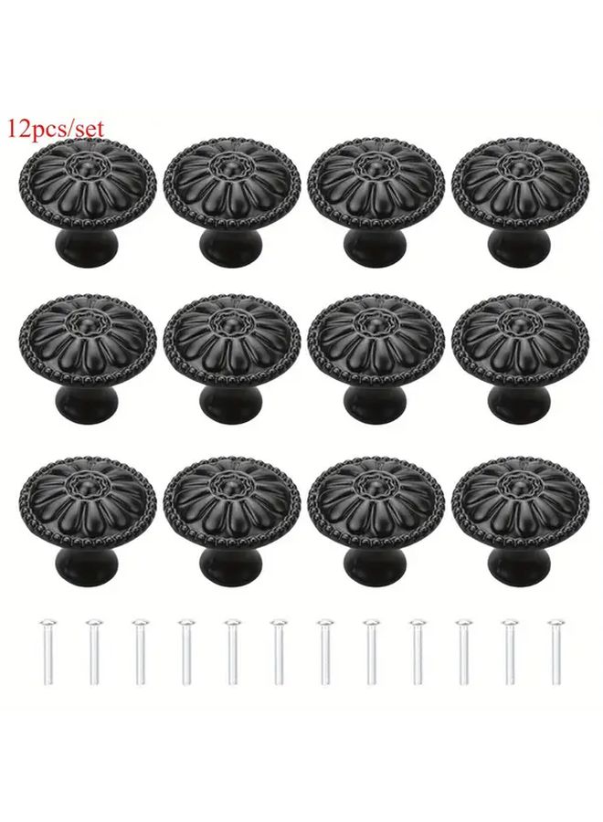 Matte Black Kitchen Cabinet Knobs Set Of 12 Round Drawer Pulls With Victorian Floral Design - Image 2