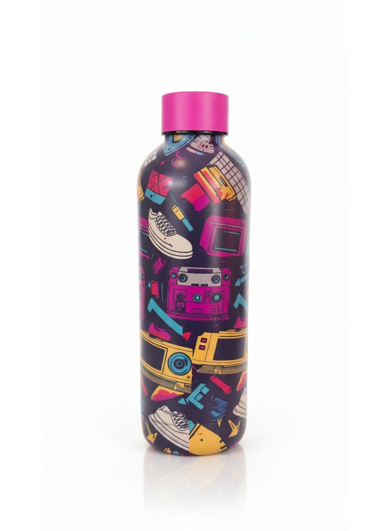 Smucci Flask, 500ml Insulated Stainless Steel Water Bottle, Double-Wall Vacuum, Pink and Doodle - Image 2