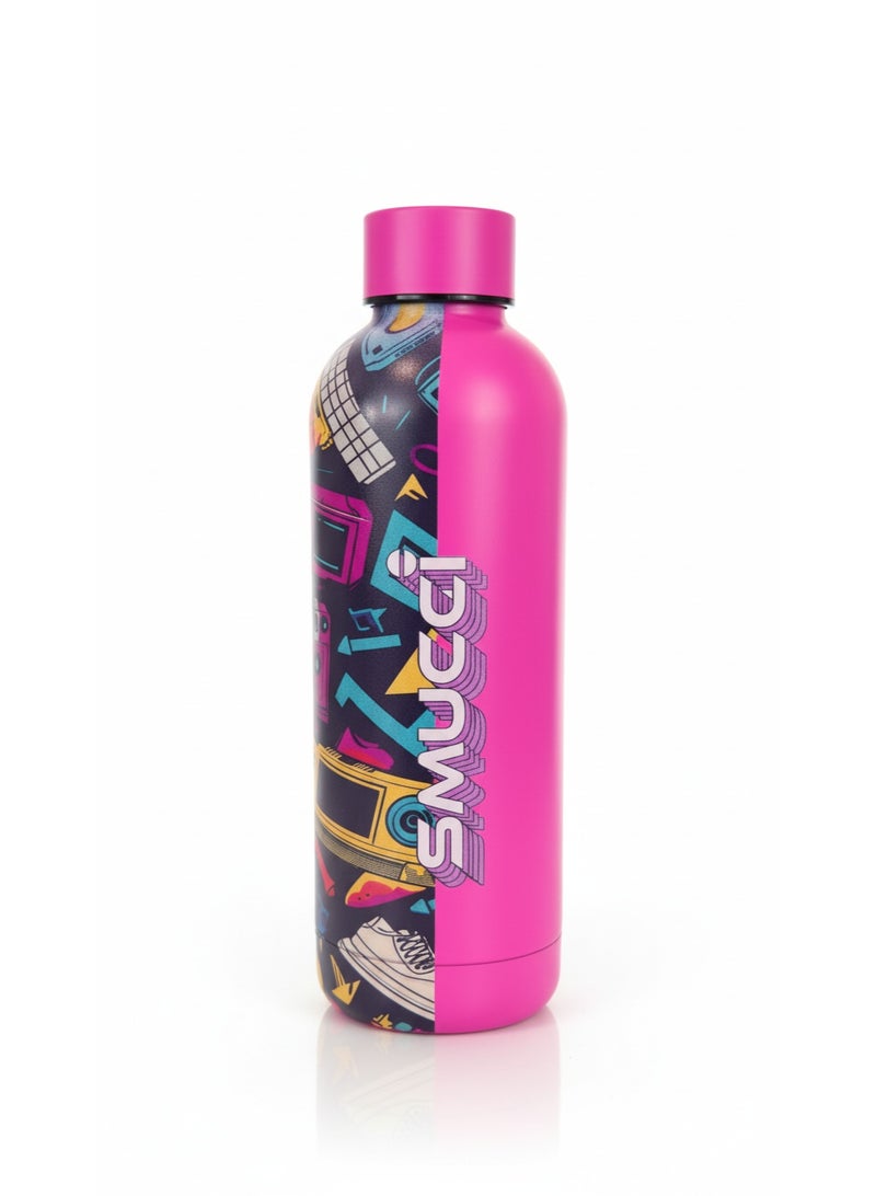 Smucci Flask, 500ml Insulated Stainless Steel Water Bottle, Double-Wall Vacuum, Pink and Doodle - Image 1