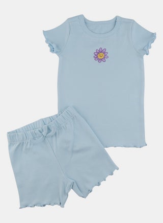 Girls Light Blue Floral Embroidered Pyjama Set