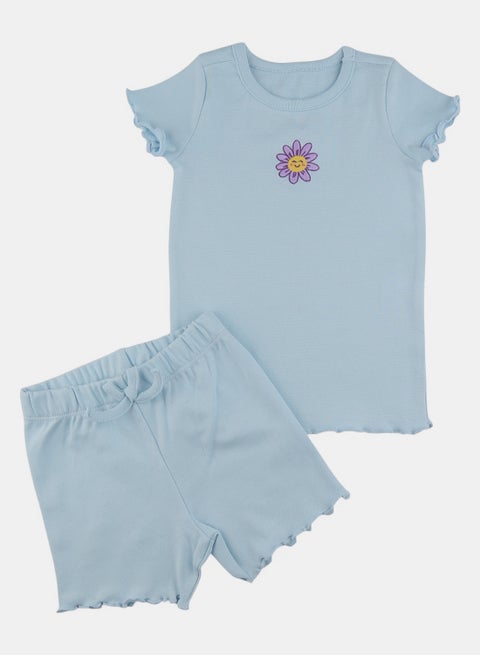 Girls Light Blue Floral Embroidered Pyjama Set