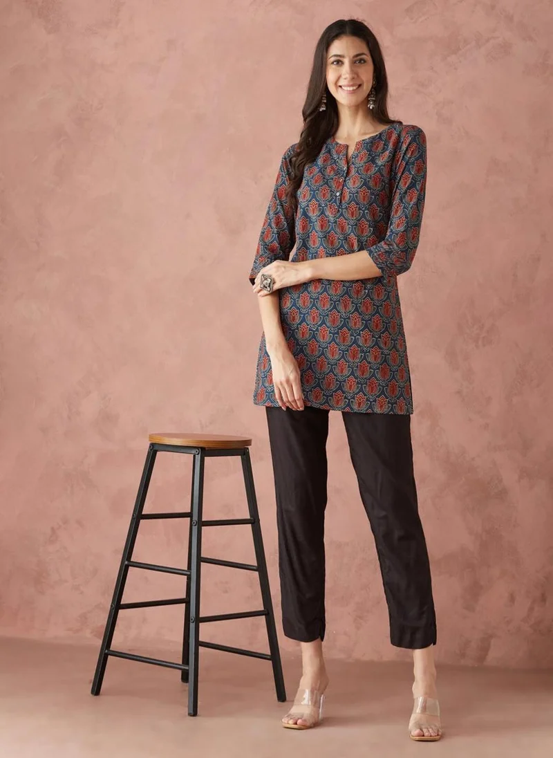 Fabindia Indigo Cotton Ajrakh Printed Short Kurta
