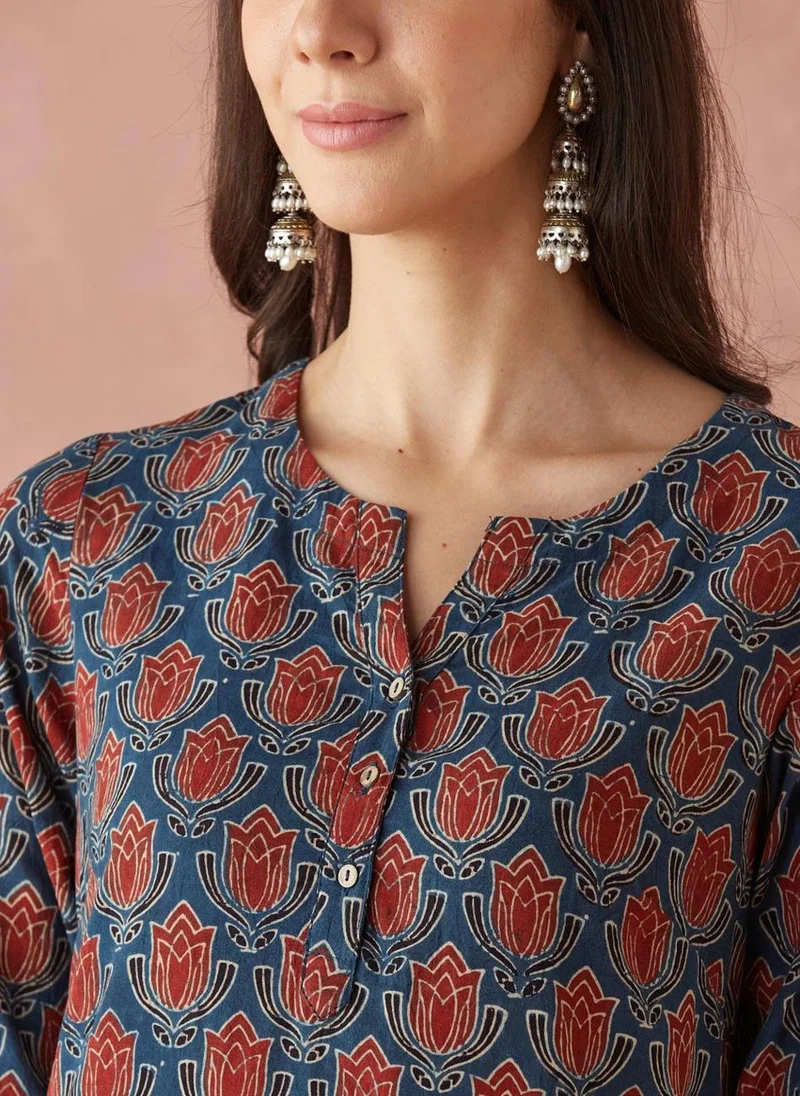 Fabindia Indigo Cotton Ajrakh Printed Short Kurta