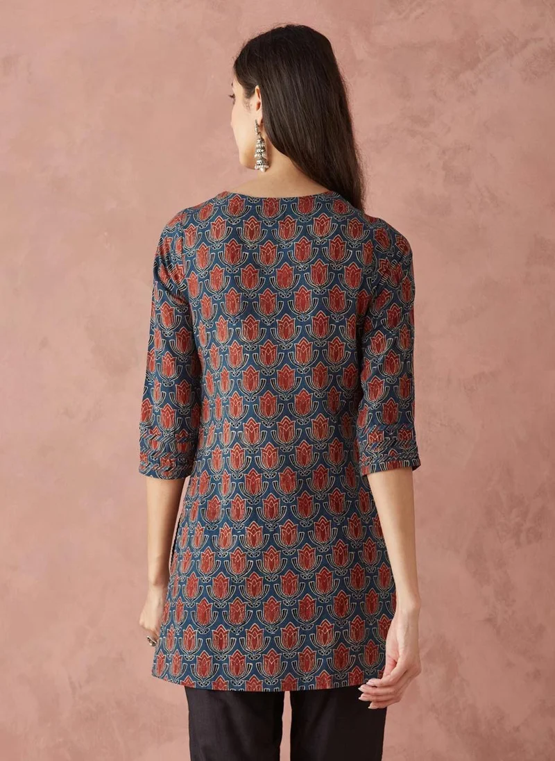 Fabindia Indigo Cotton Ajrakh Printed Short Kurta