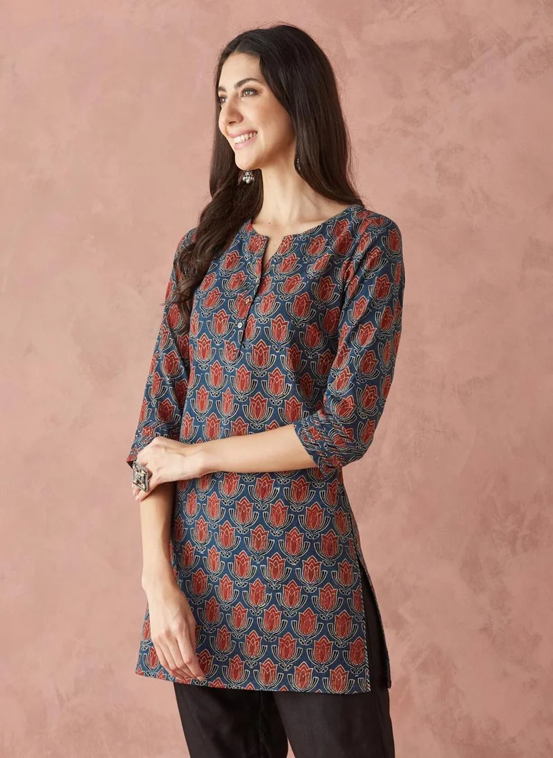 Fabindia Indigo Cotton Ajrakh Printed Short Kurta