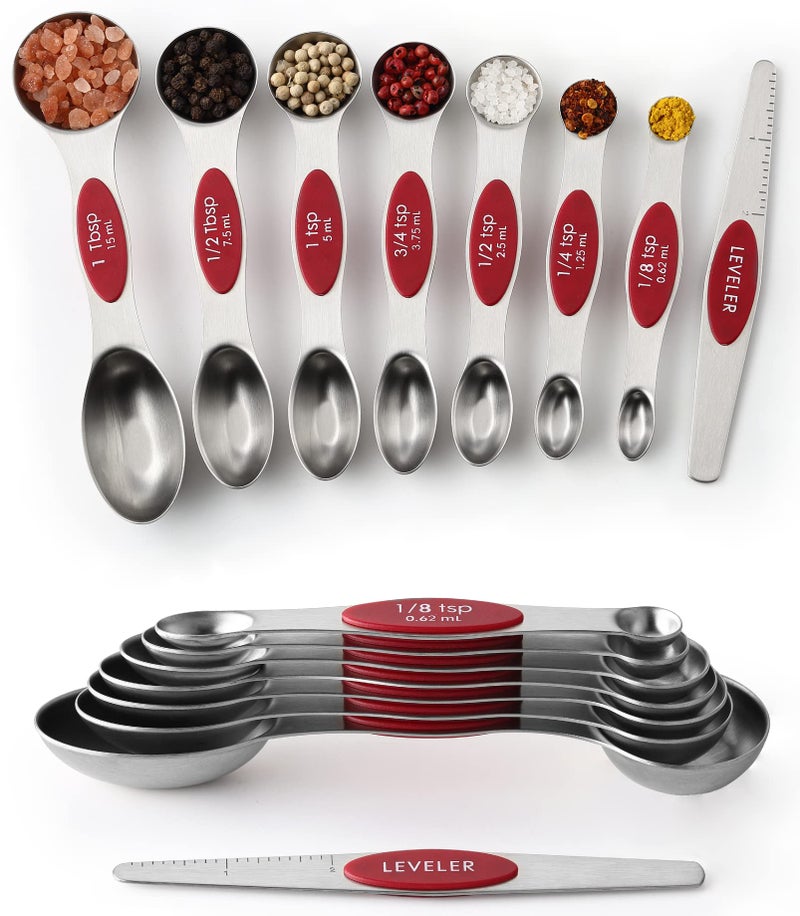 Spring Chef Red Stainless Steel Magnetic Measuring Spoons Set of 8 with Leveler Metal Teaspoon Tablespoon Measuring Spoons with Strong Magnets Kitchen Gadgets for Baking Cooking Set of 2
