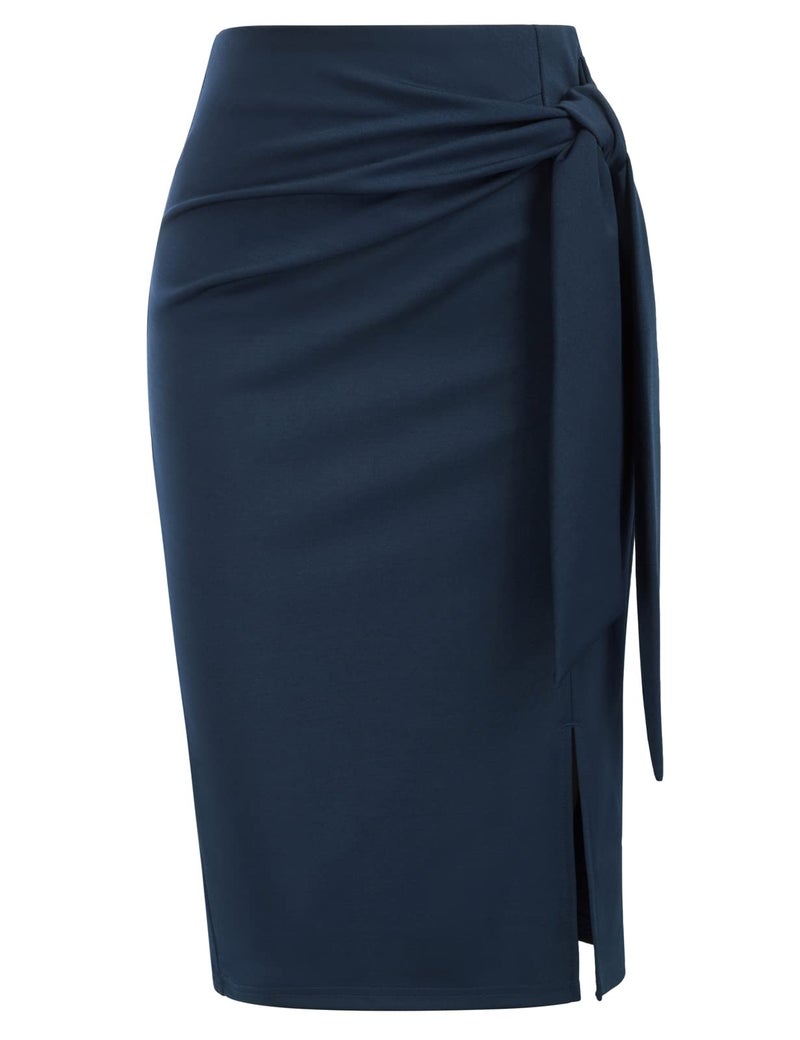 Kate Kasin Women's Elegant Skirt Elastic High Waist Bow Tie Knee Length Stretch Bodycon Pencil Skirts with Slit Navy Medium - Image 1